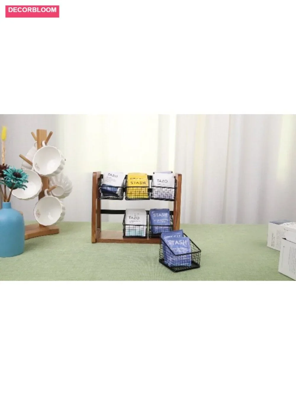 2 Tier Tea Bag Organizer with 6 Removable Baskets Acacia Wood Iron